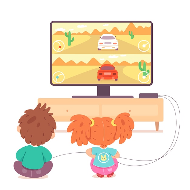 Vector kids playing video games on tv at home happy boy and girl holding console and playing videogames with joysticks in hands entertainment at home with technology