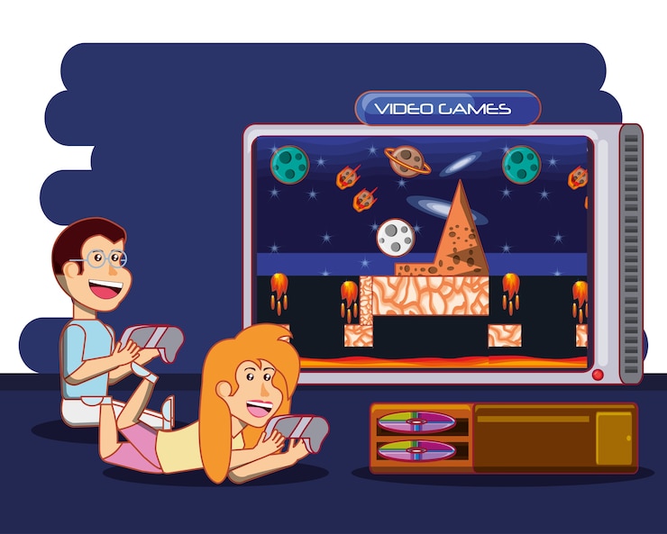 वेक्टर kids playing with video game console