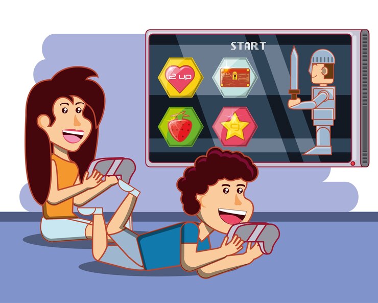 वेक्टर kids playing with video game console