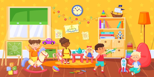 Vector kids in playroom happy children playing with toys in kindergarten