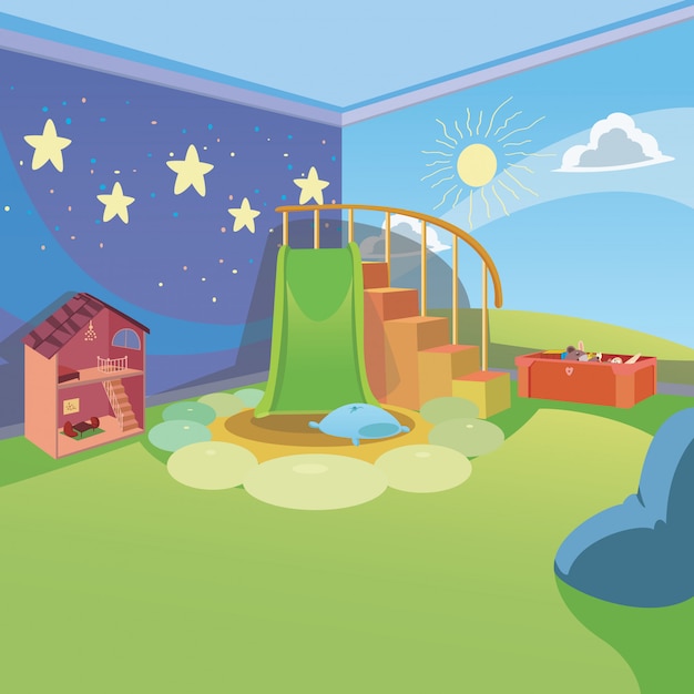 Kids Playroom at Home with Cartoon Style Background