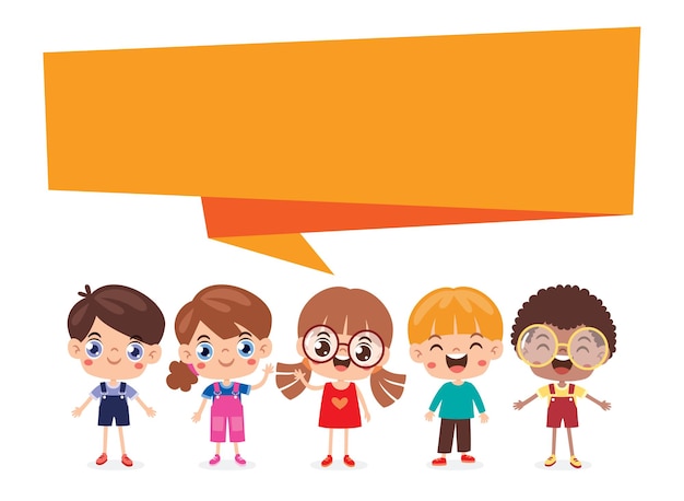 Vector kids posing with origami speech bubble