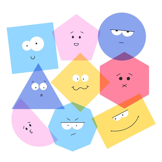 Kids print with geometry cute geometric characters vector illustration bright simple shapes with emotions