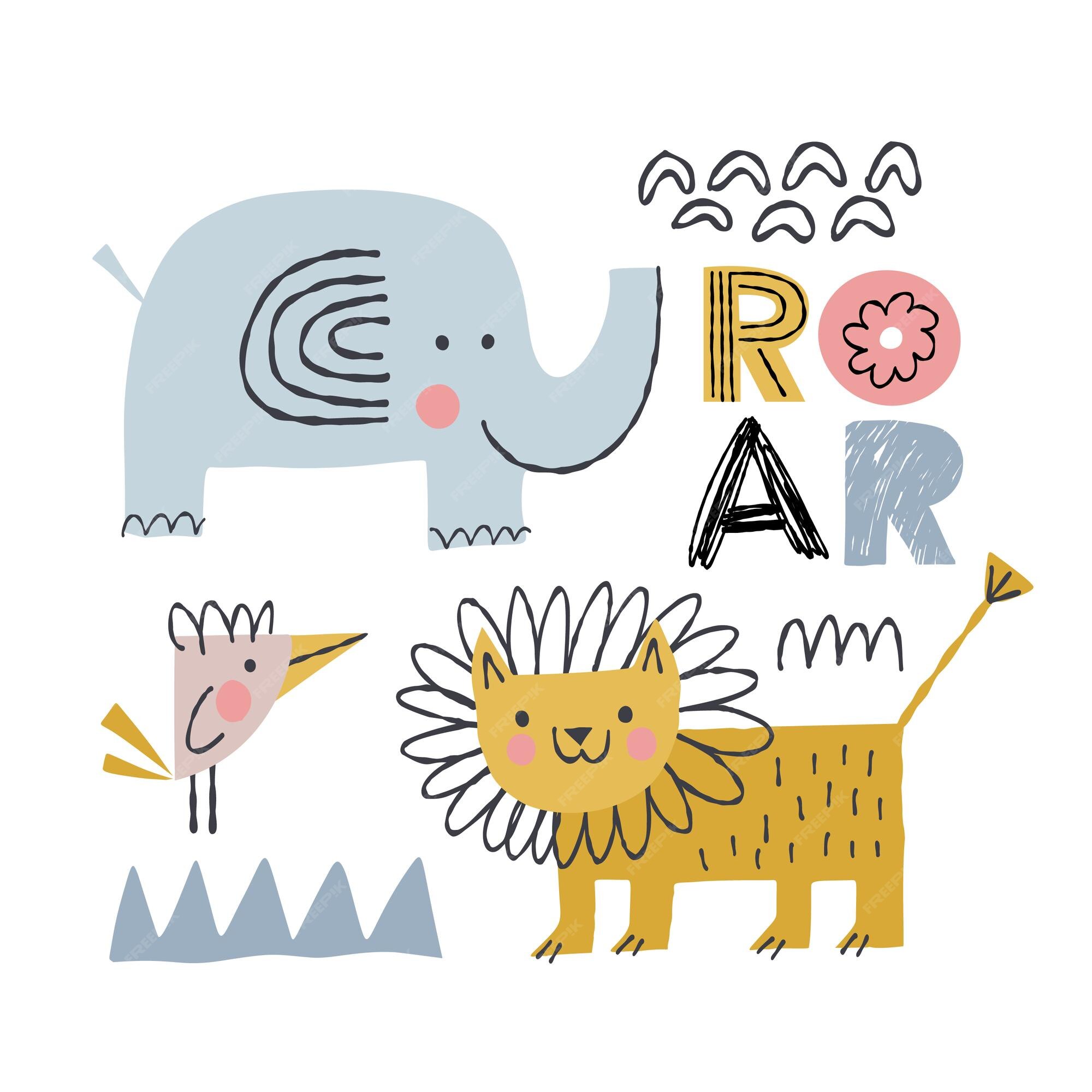 Premium Vector | Kids print with a lion an elephant and a bird in a simple cartoon style african animals Premium Vector | Kids print with a lion an elephant and a bird in a simple cartoon style african animals