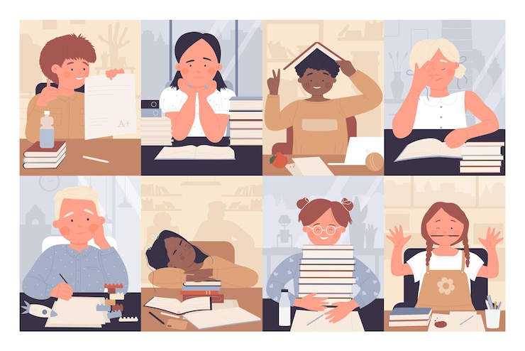 Vector kids pupils of primary school study cute boy and girl child sitting with books learning