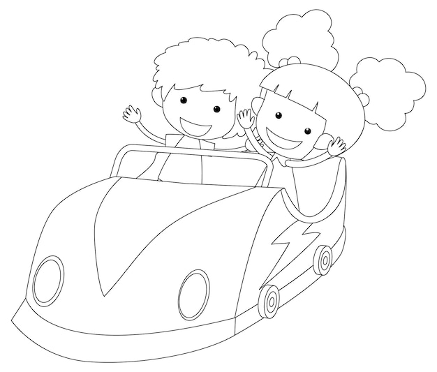 Kids in racing car  black and white doodle character