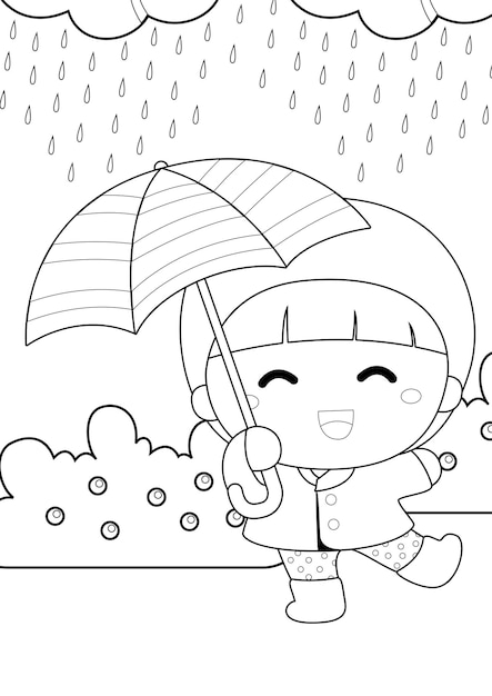 子供と大人のための子供と雨のテーマぬりえページ A4