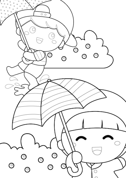 Vector kids and rain theme coloring pages a4 for kids and adult