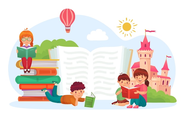 Vector kids read book boys and girls reading children literature cute characters imagining medieval castle with flying hot air balloon