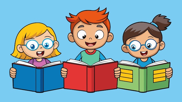 Дети читают книги Векторные мультфильмы