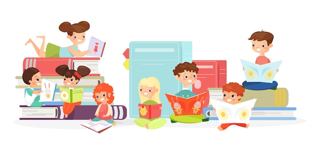 Vector kids reading books   illustration cute children with textbooks cartoon characters