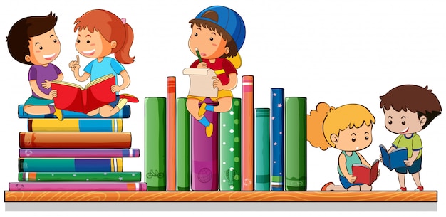 Vettore bambini che leggono e giocano con i libri