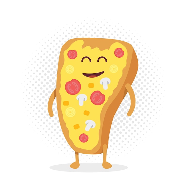 키즈 레스토랑 메뉴 판지 캐릭터. 프로젝트, 웹사이트, 초대장을 위한 템플릿입니다. 미소, 눈, 손으로 웃긴 귀여운 그려진 피자.