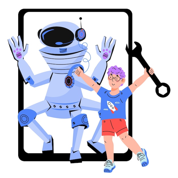 Vettore bambini programmazione robotica e educazione ingegneristica computer e lezioni elettroniche emblema