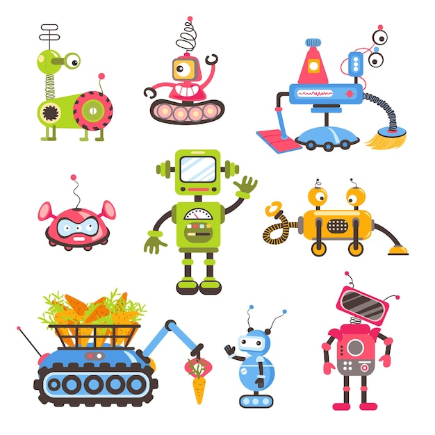 Vettore robot per bambini divertente colorato bambino meccanico giocattoli elettronico futuristico cyborg personaggi android mascotte cartone animato stile diversi robot infantili felice macchina comica vettore isolato insieme