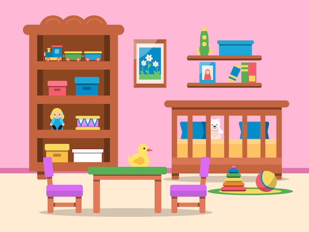 Vector kids room interior with bed, table and various toys