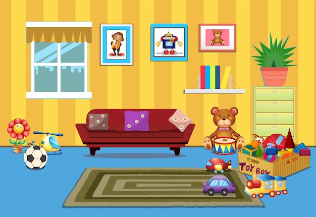 Vettore camera per bambini con colori neutri interno camera da letto per bambini con mobili e giocattoli