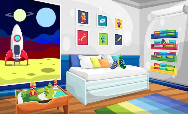 Vector kids room with relaxing sofa, rocket space picture, robot alien wall picture, books and table