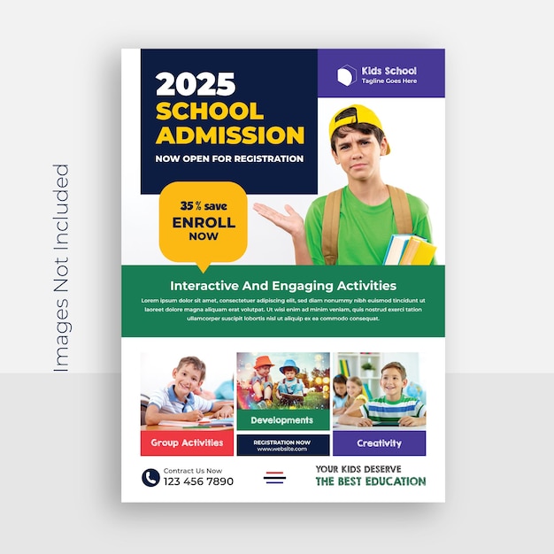 Vector kids school admission flyer or education poster design template