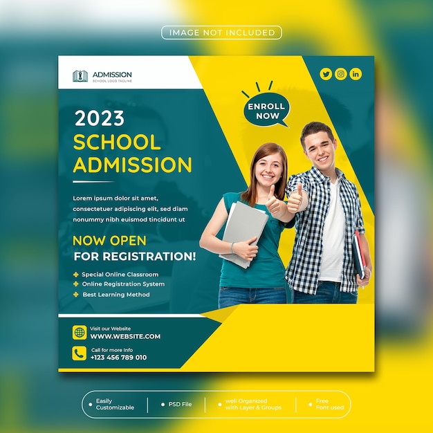Post sui social media per l'ammissione alla scuola dei bambini progettazione di un modello di annuncio per banner web Vettore Premium