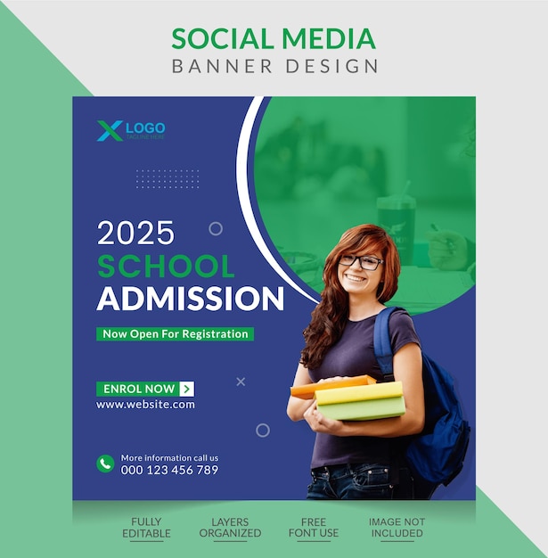 Kids school education admission web banner social media post template