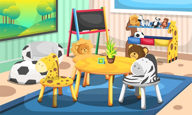 Vettore sala giochi per bambini con sedie per animali e natura, lavagna, leone, zebra, orsacchiotto e sedie giraffa per idee di interior design