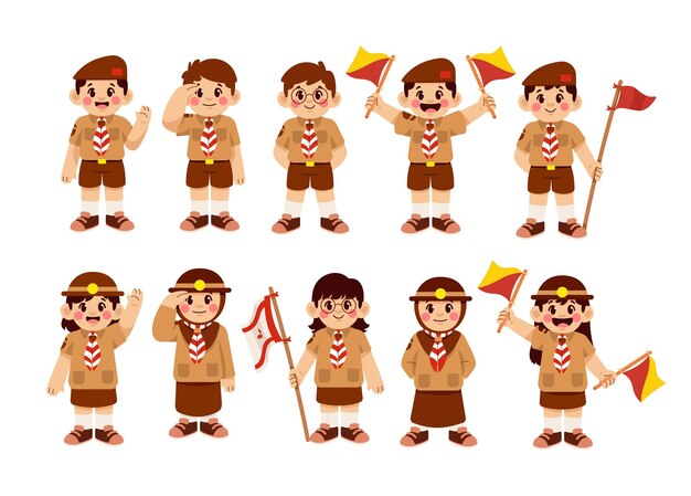 Kids scout character vector illustration set