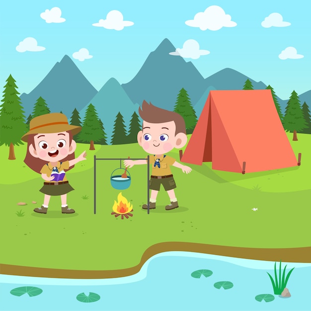 Kids scouts at camp illustration