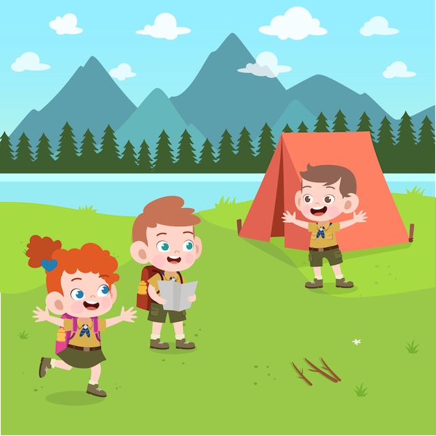 Kids scouts at camp illustration