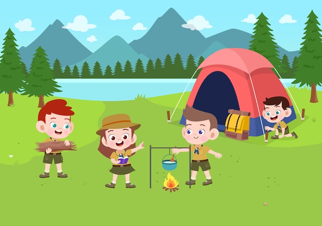 Kids scouts at camp illustration