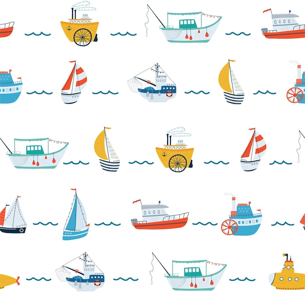 Kids sea seamless pattern with ship, sailboat, submarine, steamship, fishing boat in cartoon style. cute texture for kids room, wallpaper, textiles, wrapping paper, apparel. vector illustration