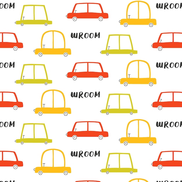 Kids seamless pattern with cars Drawn pattern with cars wroom Vector illustration in scandinavian style