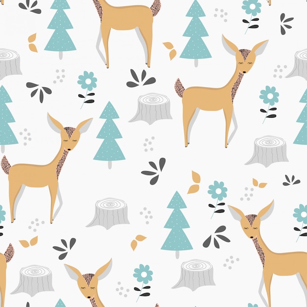 귀여운 사슴과 야생 동물과 아이 원활한 패턴