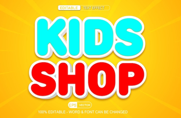 Kids shop effetto testo modificabile in stile 3d vettoriale