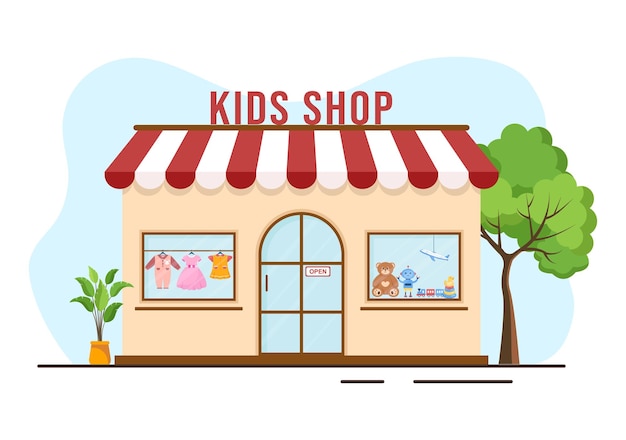 Kids Shop Handgetekende illustratie met kinderuitrusting zoals kleding of speelgoed om te winkelen