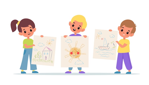 Дети показывают рисунки представление детского искусства красочные каракули на бумажных листах девочки и мальчики держат свои работы по рисованию школа и детский сад выставка векторная изолированная концепция