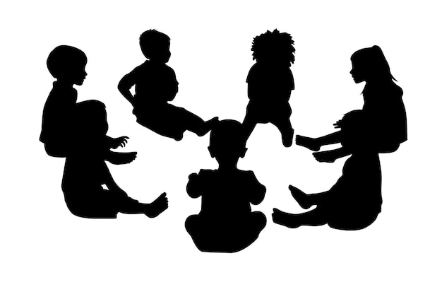 Kids sitting in circle play and talk together kids round circle friendship silhouette