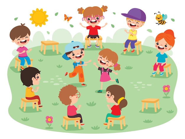 Vector kids sitting in circle and playing