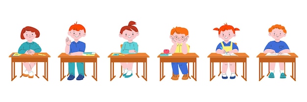 Kids sitting at desk Study student isolated lesson school characters Classroom children cute cartoon pupils Small kicky boy girl at college vector set of student lesson sit at desk illustration