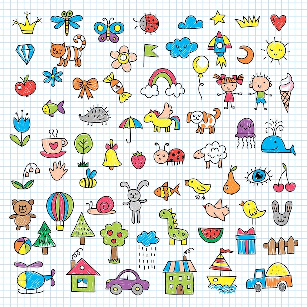 Schizzi per bambini scarabocchi a matita divertenti set disegnati a mano nuvole animali domestici recenti illustrazioni vettoriali set isolati schizzo a matita doodle disegno da bambini