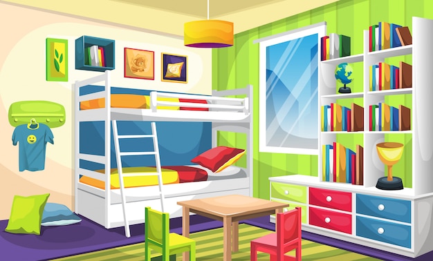 Kids sleep room with bunk bed, desk with full of books and trophy, ceiling lamps, wall picture, hangers, bed and pillow