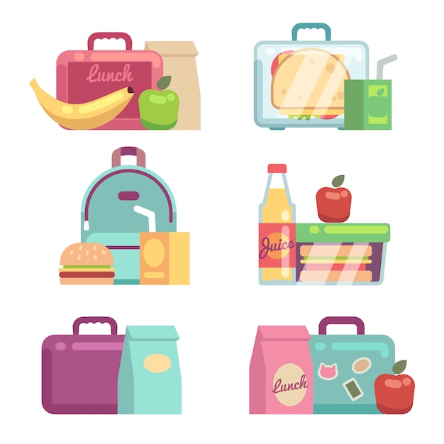 Snack per bambini. insieme di vettore delle scatole del pranzo scolastico. contenitore con illustrazione di pranzo, pranzo e pranzo