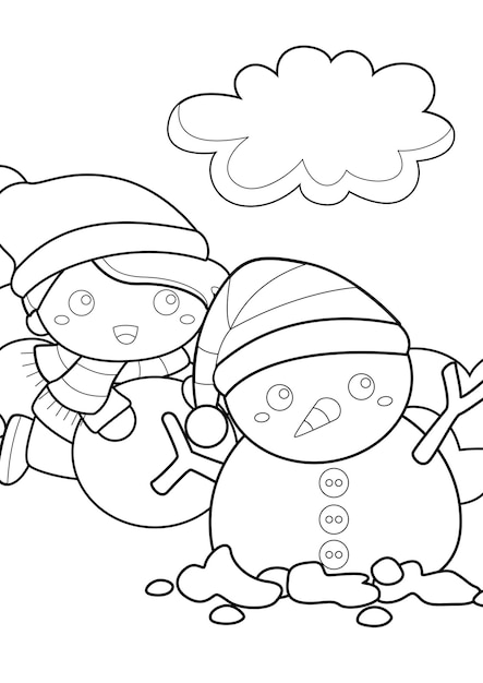 Kids and Snowman Coloring Pages A4 for Kids and Adult