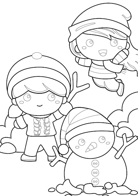 Kids and Snowman Coloring Pages A4 for Kids and Adult