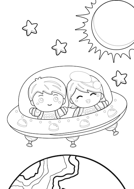 Kids in a space ship coloring for kids and adult