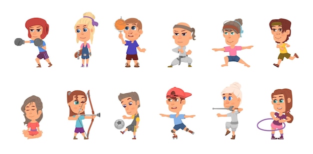 Kids sport characters Student training football player and fun team activity Cartoon children athletes isolated funny exercise decent vector set