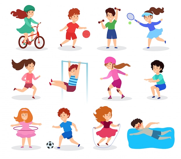 Vettore i bambini fanno sport, illustrazione, stile piatto. personaggi di bambini, isolati su bianco, che praticano diversi sport, attività fisiche e gioco. sezioni sportive per ragazzi e ragazze