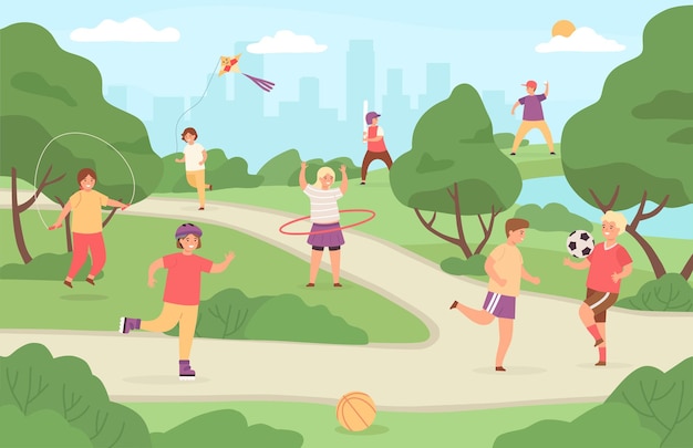 キッズスポーツアウトドア。子供たちは公園の遊び場で遊んでいます。凧を持つ少女、サッカーと野球をする少年。夏の活動ベクトル。イラストスポーツ野外公園、景観幼稚園遊び場