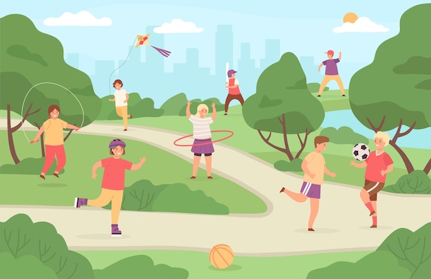 Vector kids sport outdoor. children play in park playground. girl with kite, boy playing football and baseball. summer activity vector. illustration sport outdoor park, landscape kindergarten playground