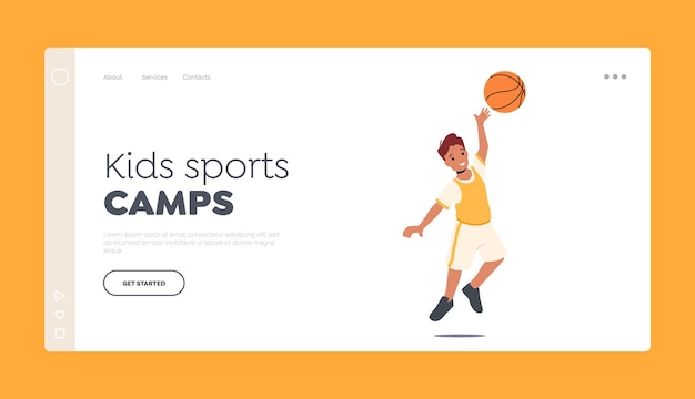 Kids sports camps landing page template kid playing basketball boy sports training happy little child workout